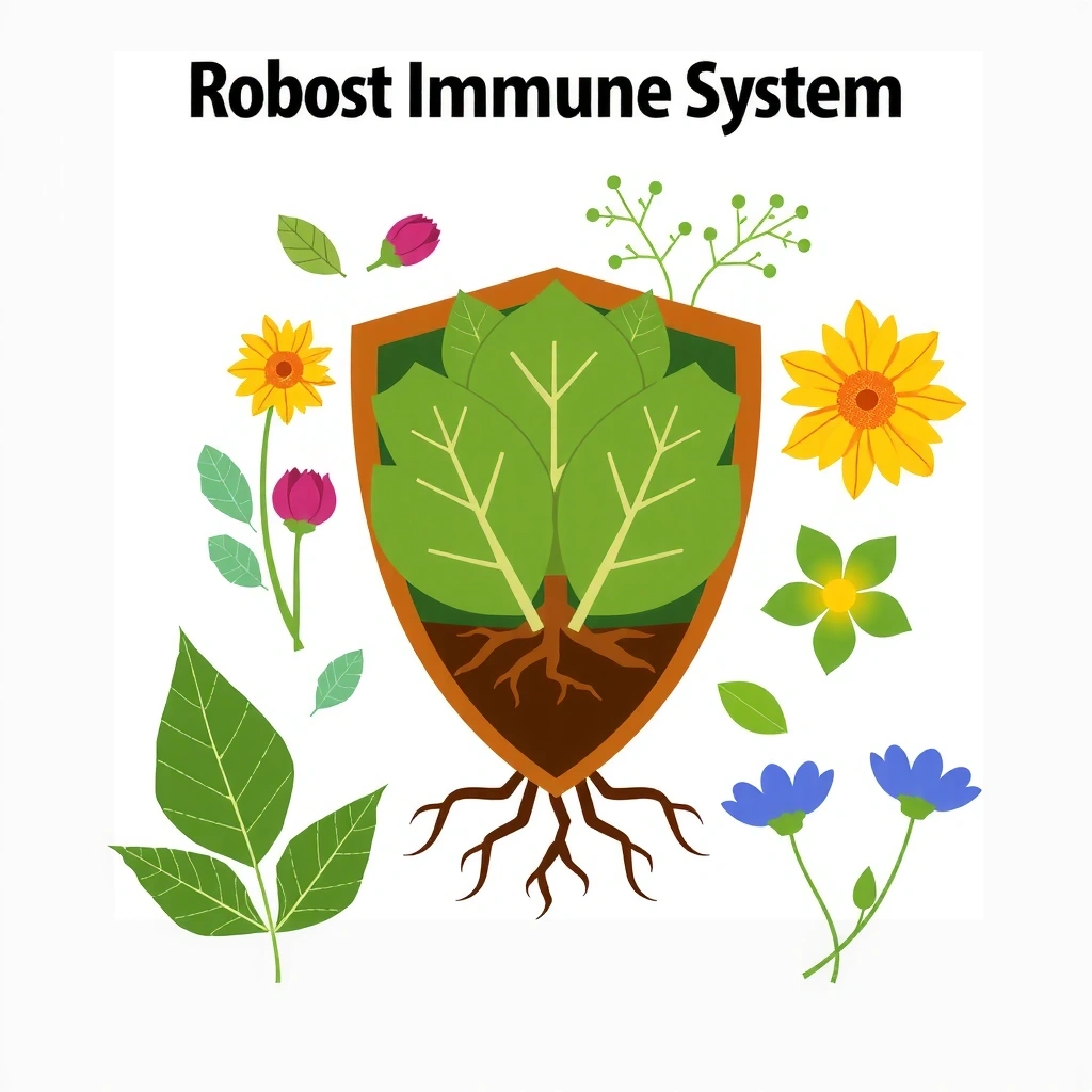 Vitamine pentru imunitate, ilustrație cu scut protector și plante medicinale